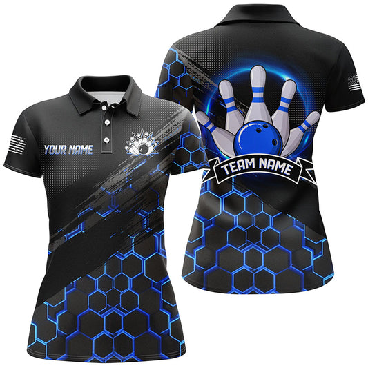 Bowling Jerseys For Women Custom Bowling Polo, Quarter-Zip Shirt Team Bowlers, Bowling Apparel | Blue NQS8513