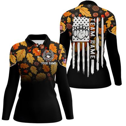 Womens bowling shirt Custom Autumn leaf camo Thanksgiving American flag patriotic bowling team jerseys NQS8755