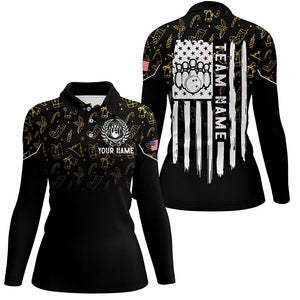 Womens bowling shirt Custom Gold Christmas pattern American flag patriotic bowling team jerseys NQS8756