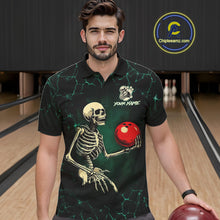 Load image into Gallery viewer, Black and Green Lightning Skull Bowling Polo, Quarter zip shirts For Men Custom Bowling Team Outfit NQS10921