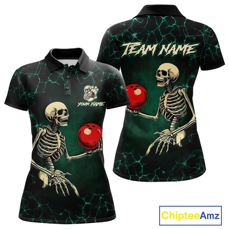 Black and Green Lightning Skull Bowling Polo, Quarter zip shirts For Women Custom Bowling Team Outfit NQS10921