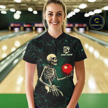 Load image into Gallery viewer, Black and Green Lightning Skull Bowling Polo, Quarter zip shirts For Women Custom Bowling Team Outfit NQS10921