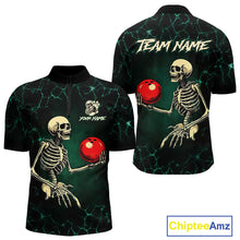 Load image into Gallery viewer, Black and Green Lightning Skull Bowling Polo, Quarter zip shirts For Men Custom Bowling Team Outfit NQS10921