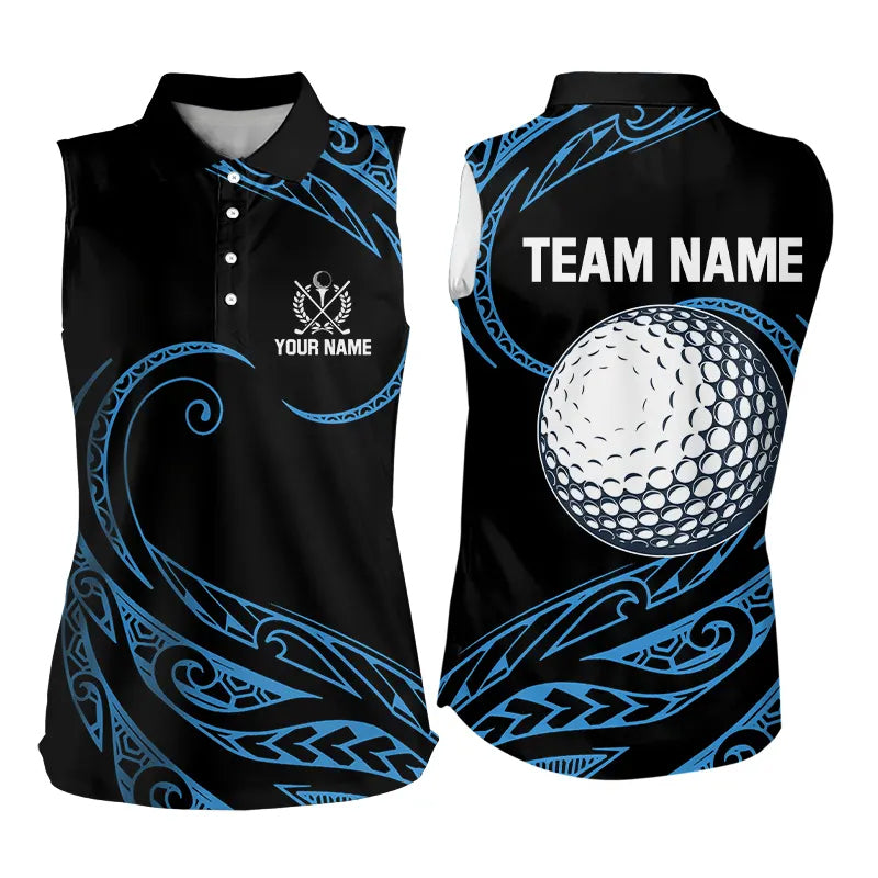 Black and Blue Tribal Pattern Golf Ball Women Sleeveless Polo Shirt custom unique ladies golf apparel NQS9232