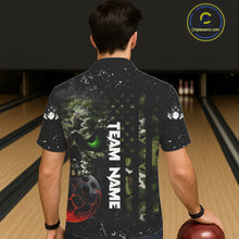 Load image into Gallery viewer, Black and Green Camo grunge American Flag Skull Bowling Hawaiian Shirt Custom Bowling Team jerseys NQS11294