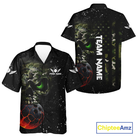 Black and Green Camo grunge American Flag Skull Bowling Hawaiian Shirt Custom Bowling Team jerseys NQS11294
