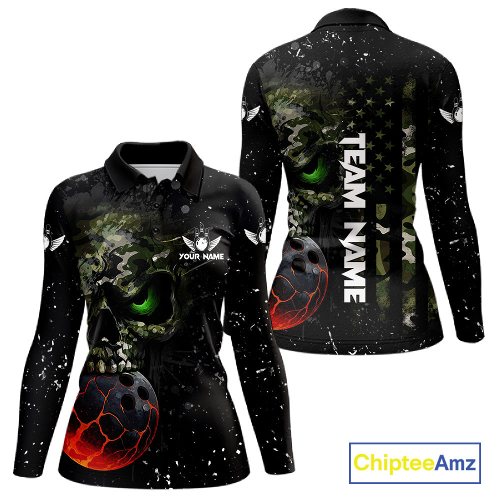 Black and Green Camo grunge American Flag Skull Bowling Shirts for Women Custom Bowling Team jerseys NQS11294