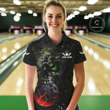 Load image into Gallery viewer, Black and Green Camo grunge American Flag Skull Bowling Shirts for Women Custom Bowling Team jerseys NQS11294