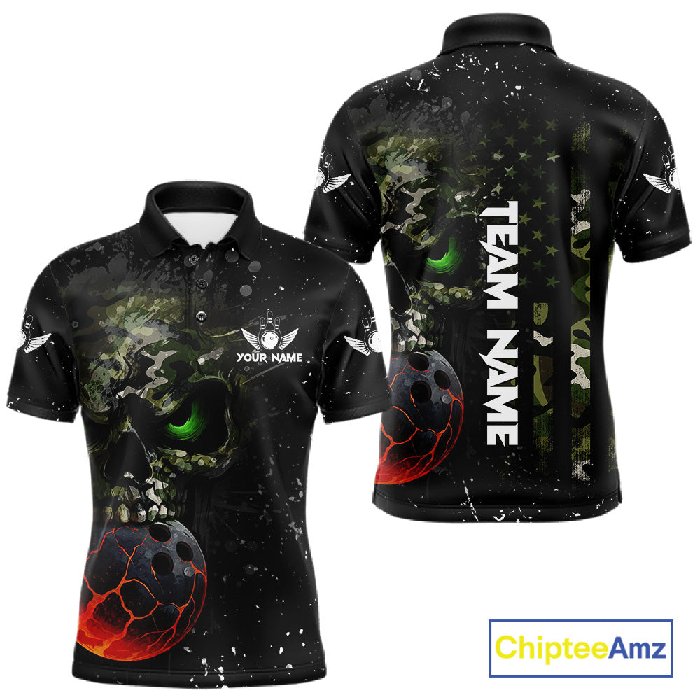 Black and Green Camo grunge American Flag Skull Bowling Shirts for Men Custom Bowling Team jerseys NQS11294