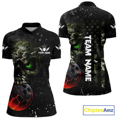 Black and Green Camo grunge American Flag Skull Bowling Shirts for Women Custom Bowling Team jerseys NQS11294