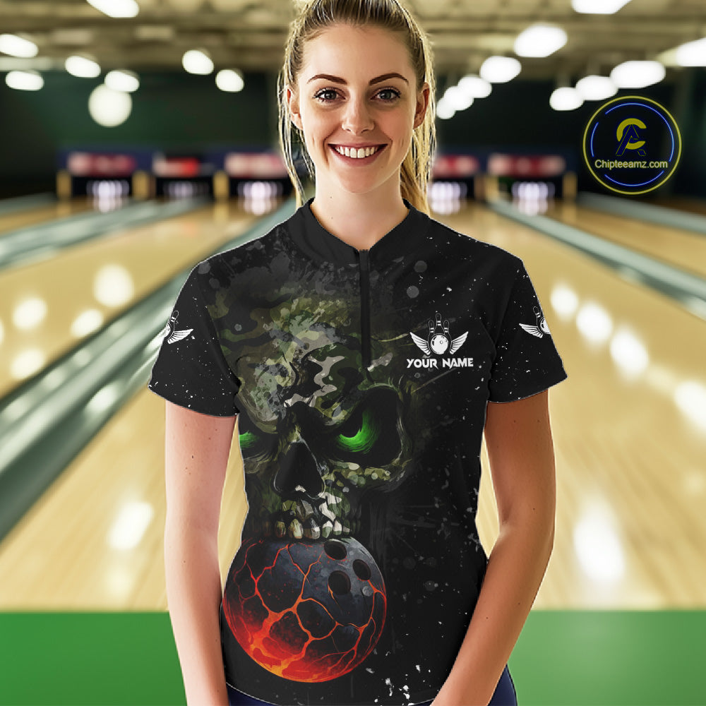 Black and Green Camo grunge American Flag Skull Bowling Shirts for Women Custom Bowling Team jerseys NQS11294