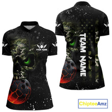 Load image into Gallery viewer, Black and Green Camo grunge American Flag Skull Bowling Shirts for Women Custom Bowling Team jerseys NQS11294