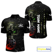 Load image into Gallery viewer, Black and Green Camo grunge American Flag Skull Bowling Shirts for Men Custom Bowling Team jerseys NQS11294