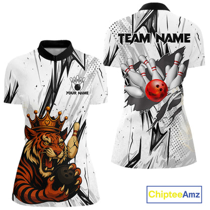 Black and White Tiger Bowling polo, 1/4 zip Shirts for Women Custom Tiger Bowling Team jerseys NQS11298