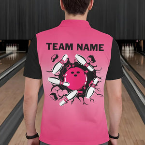 Personalized Black and Pink Retro Bowling Polo, Quarter Zip Team Shirts For Men Custom Bowling Gifts NQS9422