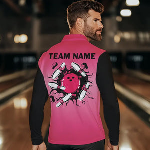 Personalized Black and Pink Retro Bowling Polo, Quarter Zip Team Shirts For Men Custom Bowling Gifts NQS9422