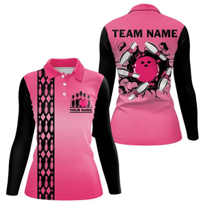 Personalized Black and Pink Retro Bowling Polo, Quarter Zip Team Shirts For Women Custom Bowling Gifts NQS9422