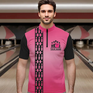 Personalized Black and Pink Retro Bowling Polo, Quarter Zip Team Shirts For Men Custom Bowling Gifts NQS9422