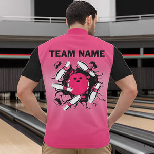 Personalized Black and Pink Retro Bowling Polo, Quarter Zip Team Shirts For Men Custom Bowling Gifts NQS9422