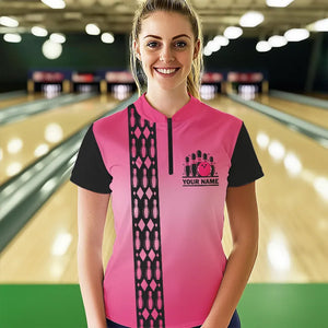 Personalized Black and Pink Retro Bowling Polo, Quarter Zip Team Shirts For Women Custom Bowling Gifts NQS9422