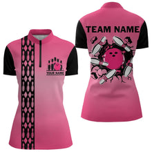 Load image into Gallery viewer, Personalized Black and Pink Retro Bowling Polo, Quarter Zip Team Shirts For Women Custom Bowling Gifts NQS9422