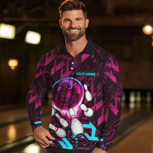 Bowling Polo, Quarter Zip Shirt For Men Custom pink and blue abstract Bowling Team league Jerseys NQS9423