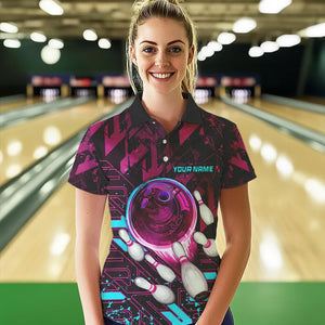 Bowling Polo, Quarter Zip Shirt For Women Custom pink and blue abstract Bowling Team league Jerseys NQS9423