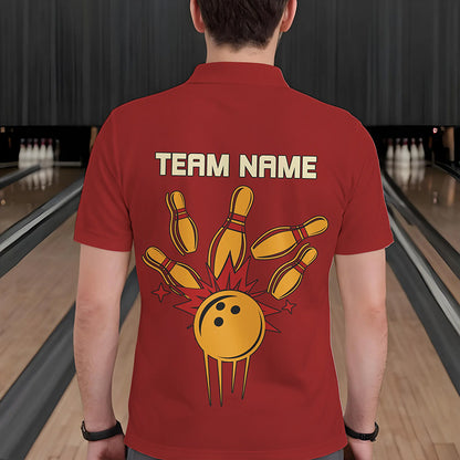 Red & Yellow Retro Bowling Polo, Quarter Zip shirt for Men Custom vintage team bowling jersey NQS9579
