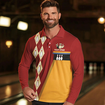 Red & Yellow Retro Bowling Polo, Quarter Zip shirt for Men Custom vintage team bowling jersey NQS9579