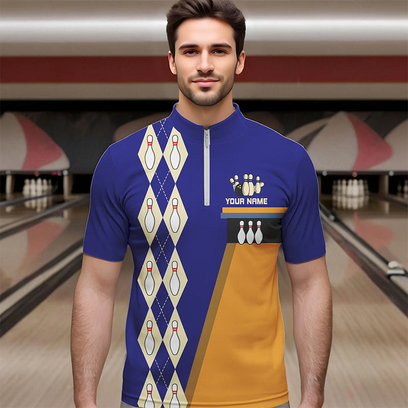 Blue & Yellow Retro Bowling Polo, Quarter Zip shirt for Men Custom vintage team bowling jersey NQS9583