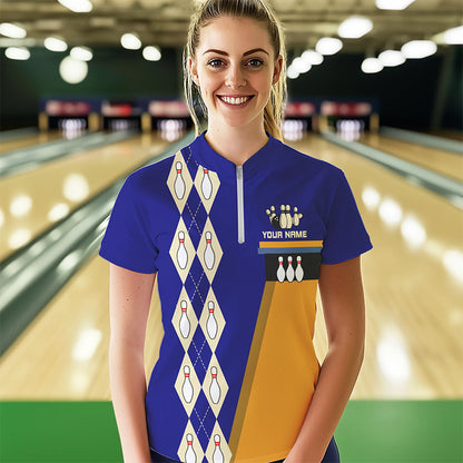 Blue & Yellow Retro Bowling Polo, Quarter Zip shirt for Women Custom vintage team bowling jersey NQS9583