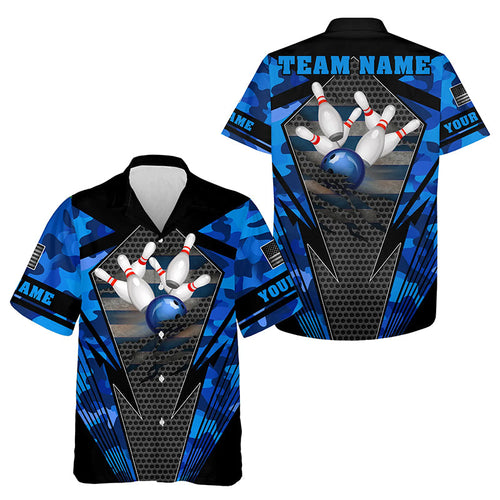 Blue Camo Bowling Hawaiian Shirts Custom Bowling Team Button up shirts NQS9733