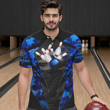 Load image into Gallery viewer, Blue Camo Bowling Polo, Quarter Zip Shirt For Men Custom Bowling Team League Jerseys NQS9733