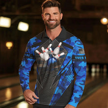 Load image into Gallery viewer, Blue Camo Bowling Polo, Quarter Zip Shirt For Men Custom Bowling Team League Jerseys NQS9733