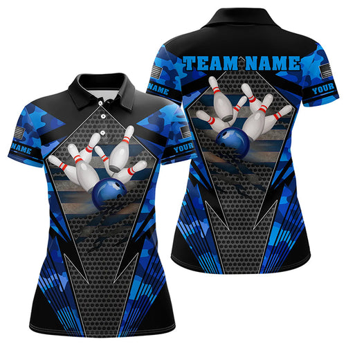 Blue Camo Bowling Polo, Quarter Zip Shirt For Women Custom Bowling Team League Jerseys NQS9733