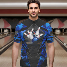 Load image into Gallery viewer, Blue Camo Bowling Polo, Quarter Zip Shirt For Men Custom Bowling Team League Jerseys NQS9733