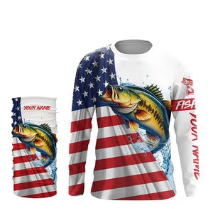 American flag patriotic largemouth bass fishing Custom Name 3D UV Protection long sleeve Fishing Shirt NQS5304