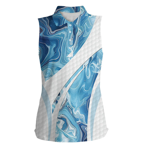 Womens sleeveless polo shirt blue camo white golf ball skin ladies golf tops, gifts for the golfer NQS7512