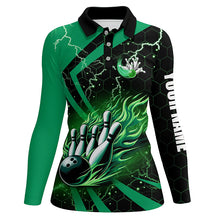 Load image into Gallery viewer, Black and Green flame bowling custom Womens Bowling Polo Shirts, team bowling jerseys, bowl gifts NQS7513