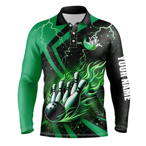 Black and Green flame bowling custom Men Bowling Polo Shirts, team bowling jerseys, bowl gifts NQS7513