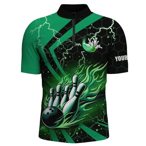 Black and Green flame bowling custom Mens Bowling Quarter Zip Shirts, team bowling jerseys, bowl gifts NQS7513