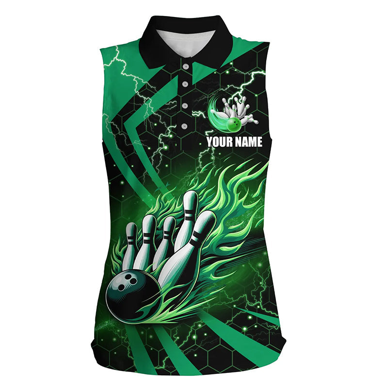 Black and Green flame bowling custom Women sleeveless Polo Shirt, team bowling jerseys, bowl gifts NQS7513