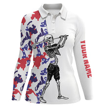 Load image into Gallery viewer, Skull Womens golf polo shirt custom name red, white and blue camo ladies white golf tops NQS5529