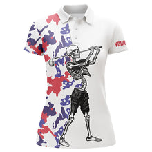 Load image into Gallery viewer, Skull Womens golf polo shirt custom name red, white and blue camo ladies white golf tops NQS5529