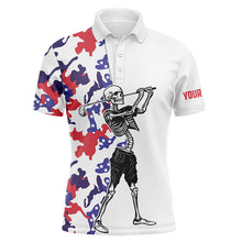 Load image into Gallery viewer, Funny Skull Golf polo shirts red, white and blue camo custom Skull playing golf apparel NQS5529