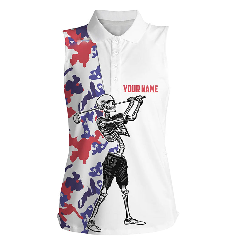 Skull women sleeveless golf polo shirt custom red, white and blue camo Skull playing golf NQS5529