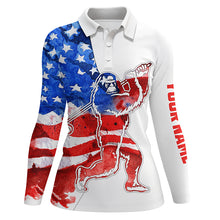 Load image into Gallery viewer, Womens golf polo shirt custom name watercolor American flag patriotic ladies white golf tops NQS5530