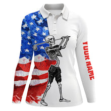 Load image into Gallery viewer, Womens golf polo shirt custom name watercolor American flag patriotic Skull ladies white golf tops NQS5530