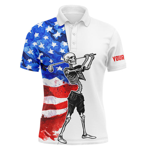 Funny Skull Mens Golf polo shirt watercolor American flag custom patriotic Skull golf apparel NQS5530