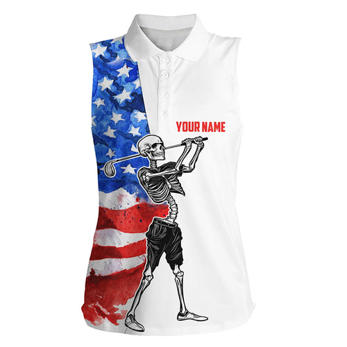 Skull women sleeveless golf polo shirt watercolor American flag patriotic Skull playing golf NQS5530